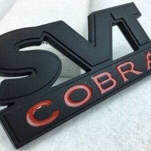 Two FORD SVT Cobra Side Rear Trunk Emblems Decal Badges Stickers Black 4" X 2"